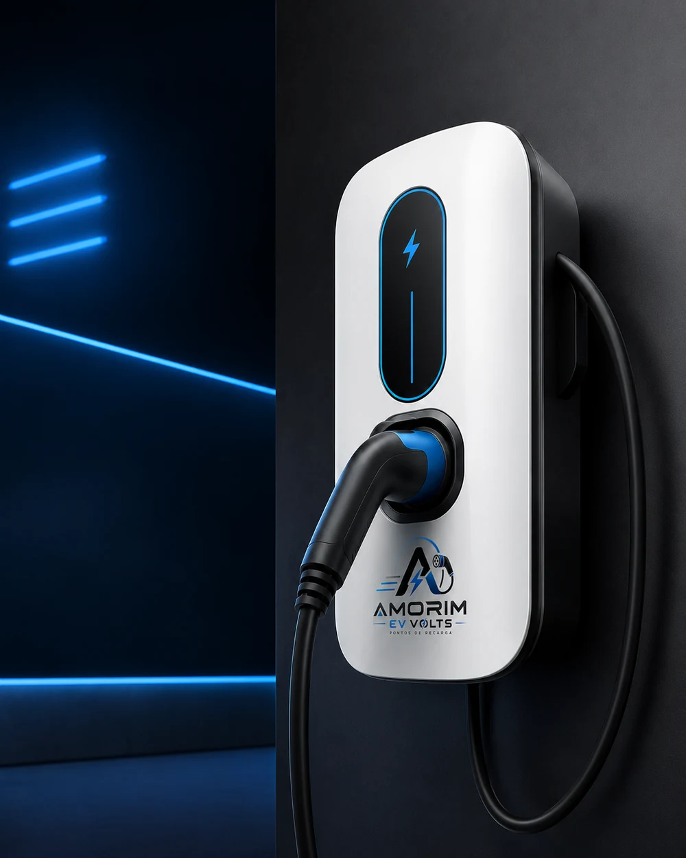 Wallbox ilustrativo da Amorim EV Volts em ambiente tecnológico
